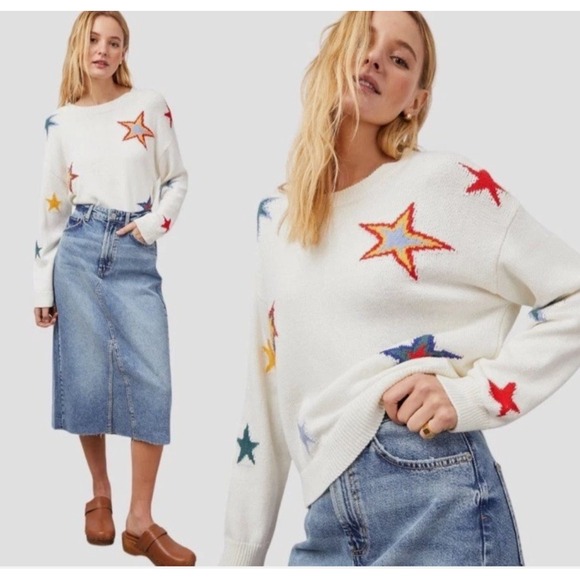 Rails Sweaters - Rails Perci Multi Stars Cotton Cashmere Crewneck Sweater White XS 892-336-4712